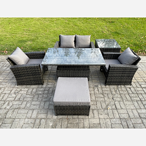 Fimous Outdoor Garden Dining Sets 5 Seater Rattan Patio Furniture Sofa Set with Rising Lifting Table Big Footstool Side Table Dark Grey Mixed
