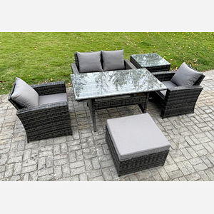 Fimous PE Wicker Outdoor Garden Furniture Set Patio Furniture Rattan Rectangular Dining Table Lounge Sofa with Big Footstool Side Table