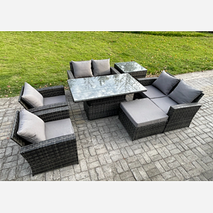 Fimous Rattan Garden Furniture Sets 7 Seater Patio Outdoor Rising Lifting Table Sofa Set with Double Seat Sofa Side Table Big Footstool Dark Grey Mixed