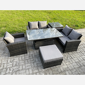 Fimous 6pcs Rattan Outdoor Garden Furniture Set Height Adjustable Rising Lifting Table Sofa Dining Set with Big Footstool Side Table Dark Grey Mixed