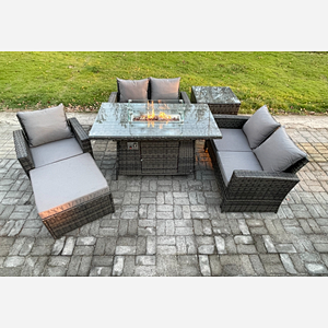 Fimous Rattan Outdoor Garden Furniture Gas Fire Pit Table Sets Gas Heater with Love Sofa Armchair Big Footstool Side Table 6 Seater Dark Mixed Grey