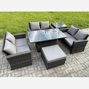 Fimous 7 Seater Rattan Wicker Garden Furniture Patio Conservatory Sofa Set with Height Adjustable Rising Lifting Table Double Seat Sofa Big Footstool Side Table