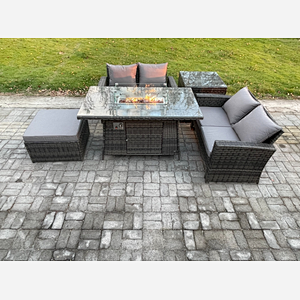 Fimous 5 Pieces Garden Furniture Sets Poly Rattan Outdoor Patio Gas Firepit Dining Table Sofa Set with Side Table Big Footstool