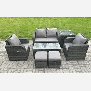 Fimous 6 Seater Rattan Lounge Sofa Set Outdoor Garden Furniture Set with Rectangular Coffee Table Love Sofa Side Table 2 Small Footstools Dark Grey Mixed