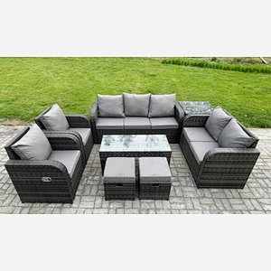 Fimous Outdoor Rattan Garden Furniture Set Rattan Lounge Sofa Set with Rectangular Coffee Table Side Table 2 Small Footstools Dark Grey Mixed