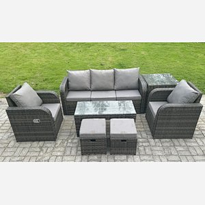 Fimous 7 PC Rattan Garden Furniture Set with Rectangular Coffee Table Side Table 2 Small Footstools Patio Outdoor Rattan Set