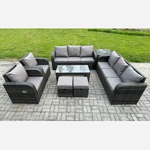Fimous 10 Seater Wicker PE Rattan Sofa Set Outdoor Patio Garden Furniture with 2 Reclining Chairs Coffee Table Side Table 2 Small Footstools Dark Grey Mixed