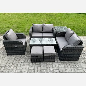 Fimous Rattan Outdoor Garden Furniture Sofa Set Patio Table & Chairs Set with 2 Small Footstools Side Table Dark Grey Mixed