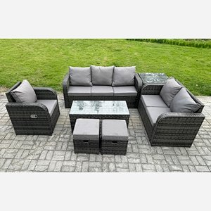 Fimous 8 Seater High Back Rattan Garden Furniture Set with Loveseat Sofa Rectangular Coffee Table Side Table Indoor Outdoor Patio Lounge Sofa Set Dark Grey Mixed