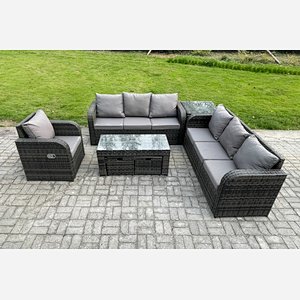 Fimous 9 Seater Outdoor Lounge Sofa Set Rattan Garden Furniture Set with Rectangular Coffee Table 2 Small Footstools 3 Seater Sofa Side Table Dark Grey Mixed