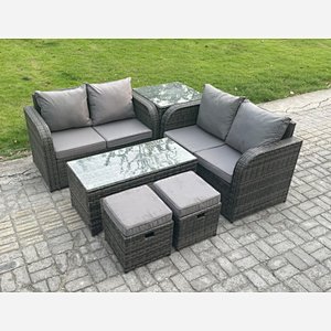 Fimous High Back Rattan Garden Furniture Set with Loveseat Sofa Rectangular Coffee Table 2 Small Footstools Side Table Indoor Outdoor Patio Lounge Sofa Set Dark Grey Mixed