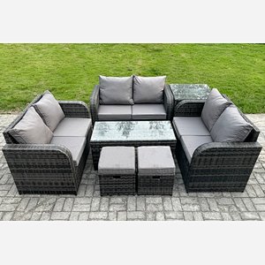 Fimous 8 Seater Rattan Garden Furniture Set Indoor Outdoor Patio Sofa Set with Coffee Table Love seat Sofa Side Table 2 Small Footstools Dark Grey Mixed
