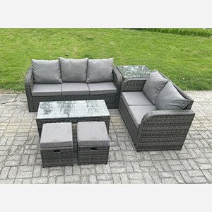 Fimous Outdoor Rattan Garden Furniture Set Patio Lounge Sofa Set with Rectangular Coffee Table Side Table 2 Small Footstools Dark Grey Mixed