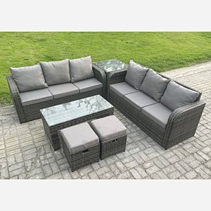 Fimous Outdoor Lounge Sofa Set Rattan Garden Furniture Set with Rectangular Coffee Table 2 Small Footstools 3 Seater Sofa Side Table Dark Grey Mixed