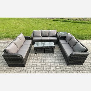 Fimous 11 Seater Outdoor Lounge Sofa Set Rattan Garden Furniture Set with Rectangular Coffee Table Side Table 2 Small Footstools 3 Seater Sofa Dark Grey Mixed