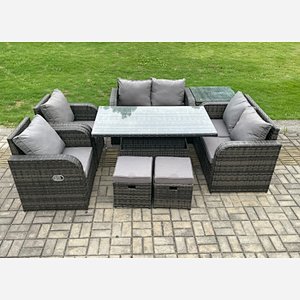 Fimous Outdoor Rattan Garden Furniture Set Patio Height Adjustable Rising lifting Dining Table Love Sofa With Side Table 2 Footstools