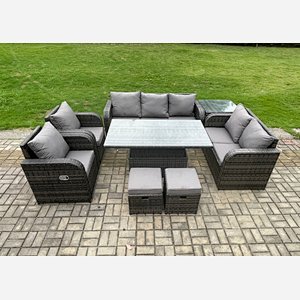 Fimous Wicker PE Rattan Outdoor Garden Furniture Sets Height Adjustable Rising lifting Dining Table Reclining Chair Sofa Set with Side Table 2 Small Footstools Dark Grey Mixed