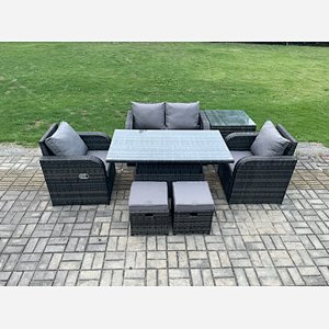 Fimous Outdoor Rattan Garden Furniture Set Height Adjustable Rising lifting Dining Table Love Sofa Chair With Side Table Stools