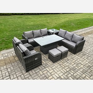 Fimous Rattan Outdoor Garden Furniture Sets Height Adjustable Rising lifting DiningTable Sofa Set with Reclining Chair Side Table 2 Small Footstools Dark Grey Mixed
