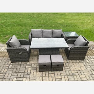 Fimous Wicker PE Rattan Outdoor Garden Furniture Set Height Adjustable Rising lifting Dining Table With Armchair Side Table 2 Small Footstools