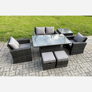 Fimous Outdoor Garden Dining Sets 6 Seater Rattan Patio Furniture Sofa Set with Rising Lifting Table Side Table 2 Small Footstools Dark Grey Mixed