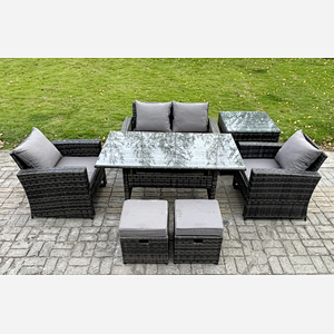 Fimous PE Wicker Outdoor Garden Furniture Set Patio Furniture Rattan Rectangular Dining Table Lounge Sofa with Side Table 2 Small Footstool
