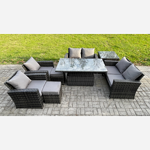 Fimous Rattan Garden Furniture Sets 8 Seater Patio Outdoor Rising Lifting Table Sofa Set with Double Seat Sofa Side Table 2 Small Footstools Dark Grey Mixed