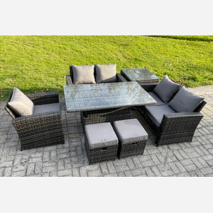 Fimous 7pcs Rattan Outdoor Garden Furniture Set Height Adjustable Rising Lifting Table Sofa Dining Set with Side Table 2 Small Footstools Dark Grey Mixed