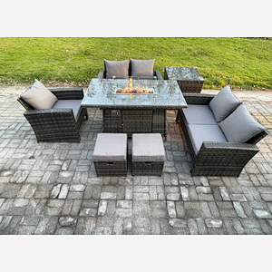 Fimous Rattan Outdoor Garden Furniture Gas Fire Pit Table Sets Gas Heater with Love Sofa Armchair Side Table 2 Small Footstools 7 Seater Dark Mixed Grey