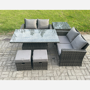 Fimous 6 Pieces Garden Furniture Sets Poly Rattan Outdoor Patio Height Adjustable Rising Lifting Table Sofa Dining Set with Side Table 2 Small Footstools