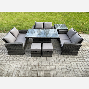 Fimous 7 pieces Outdoor Lounge Sofa Set Wicker PE Rattan Garden Furniture Set with Rising Lifting Table Double Seat Sofa Side Table 2 Small Footstools Dark Grey Mixed