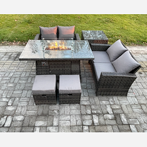 Fimous 6 Pieces Garden Furniture Sets Poly Rattan Outdoor Patio Gas Firepit Dining Table Sofa Set with Side Table 2 Small Footstools