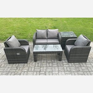 Fimous Rattan Lounge Sofa Set Outdoor Garden Furniture Set with Rectangular Coffee Table Love Sofa Side Table Dark Grey Mixed