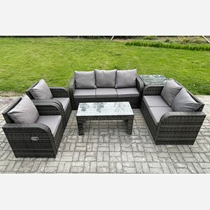 Fimous 7 Seater Outdoor Rattan Garden Furniture Set Patio Lounge Sofa Set with Rectangular Coffee Table Side Table Dark Grey Mixed