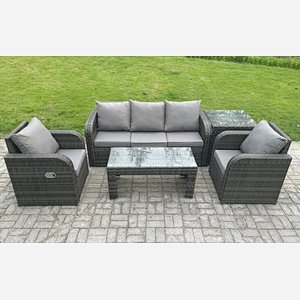 Fimous Wicker PE Rattan Garden Furniture Set Outdoor Lounge Sofa Set with Reclining Chair Coffee Table Side Table Dark Grey Mixed