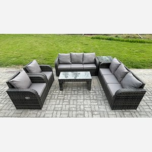 Fimous Wicker PE Rattan Sofa Set Outdoor Patio Garden Furniture with Reclining Chair Coffee Table Side Table Dark Grey Mixed