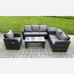 Fimous 6 Seater High Back Rattan Garden Furniture Set with Loveseat Sofa Rectangular Coffee Table Side Table Indoor Outdoor Patio Lounge Sofa Set Dark Grey Mixed