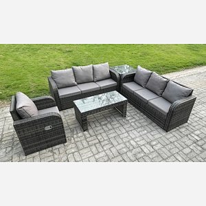 Fimous 7 Seater Wicker PE Rattan Sofa Set Outdoor Patio Garden Furniture Set with Side Table Reclining Chairs Coffee Table Dark Grey Mixed