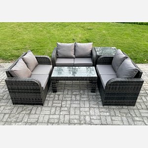 Fimous Rattan Garden Furniture Set 6 Seater Indoor Outdoor Patio Sofa Set with Coffee Table Loveseat Sofa Side Table Dark Grey Mixed
