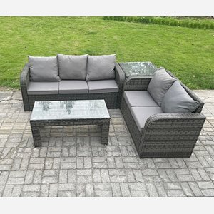 Fimous Outdoor Rattan Garden Furniture Set Patio Lounge Sofa Set with Rectangular Coffee Table Side Table Dark Grey Mixed