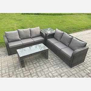 Fimous 6 Seater Outdoor Rattan Garden Furniture Set with Patio Lounge Sofa Set with Rectangular Coffee Table Side Table Dark Grey Mixed