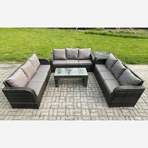 Fimous Outdoor Lounge Sofa Set Rattan Garden Furniture Set with Rectangular Coffee Table Side Table 3 Seater Sofa Dark Grey Mixed