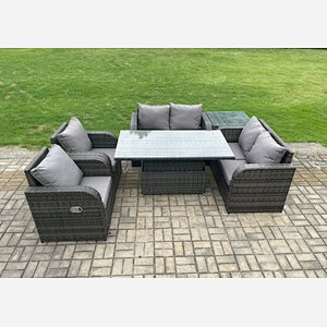 Fimous Rattan Furniture Outdoor Garden Dining Set Patio Height Adjustable Rising lifting Table Love Sofa Chair With Side Table