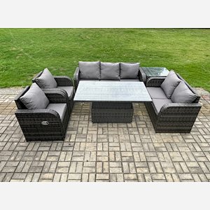 Fimous Wicker PE Rattan Outdoor Garden Furniture Sets Height Adjustable Rising lifting Dining Table Reclining Chair Sofa Set with Side Table Dark Grey Mixed