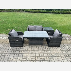 Fimous Outdoor Rattan Garden Furniture Set Height Adjustable Rising lifting Dining Table Love Sofa With Side Table Chair