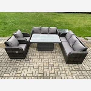Fimous PE Rattan Outdoor Garden Furniture Sets Height Adjustable Rising lifting DiningTable Sofa Set with Reclining Chair Side Table Dark Grey Mixed