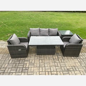Fimous Wicker PE Rattan Outdoor Garden Furniture Set Height Adjustable Rising lifting Dining Table With Armchair Side Table