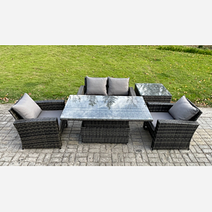 Fimous Outdoor Garden Dining Sets 4 Seater Rattan Patio Furniture Sofa Set with Rising Lifting Table Side Table Dark Grey Mixed