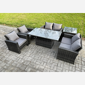 Fimous Rattan Garden Furniture Sets 6 Seater Patio Outdoor Rising Lifting Table Sofa Set with Double Seat Sofa Side Table Dark Grey Mixed