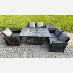 Fimous 5pcs Rattan Outdoor Garden Furniture Set Height Adjustable Rising Lifting Table Sofa Dining Set with Side Table Dark Grey Mixed